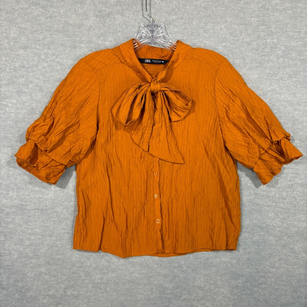Zara Orange Tie Neck Ruffle Sleeve Textured Button Down Blouse Womens Small